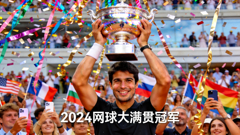 网球新闻深度分析配图 - 一位冠军球员高举奖杯，周围是飞舞的彩带和欢呼的观众