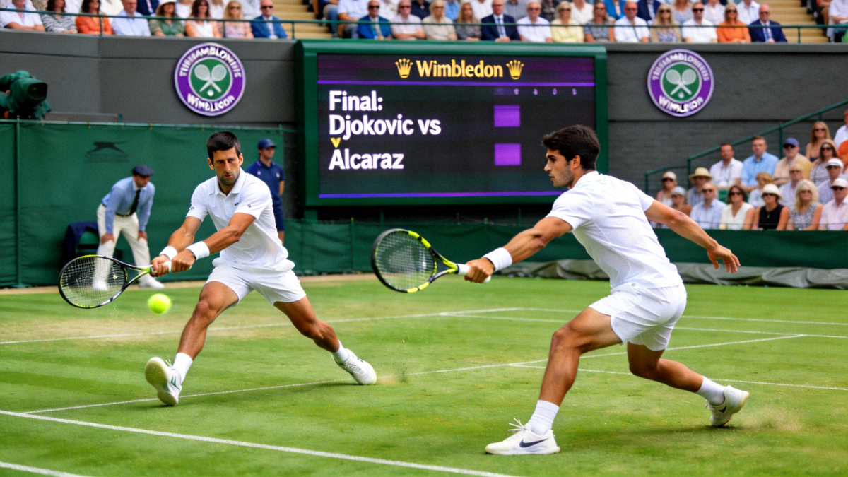 温布尔登网球锦标赛男单决赛直播画面 - 两位顶级选手在中央球场的草地上激烈对抗